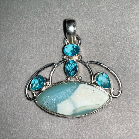 Sterling Silver Pendant W/Druzy Stone & Topaz Rhinestones - Picture 6 of 7